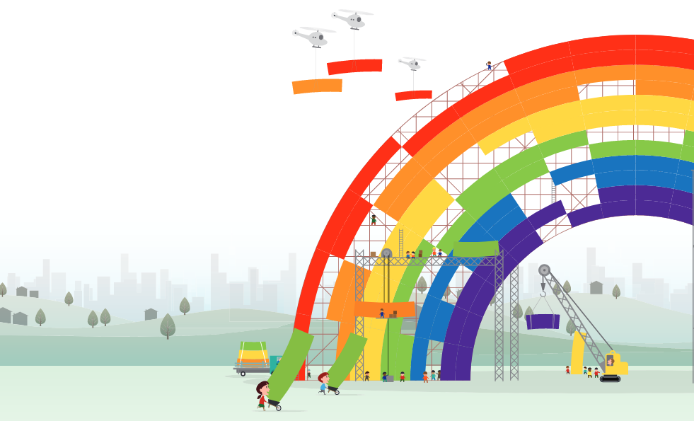 Zero Carbon Schools headline image rainbow of low carbon buildings with helicopters